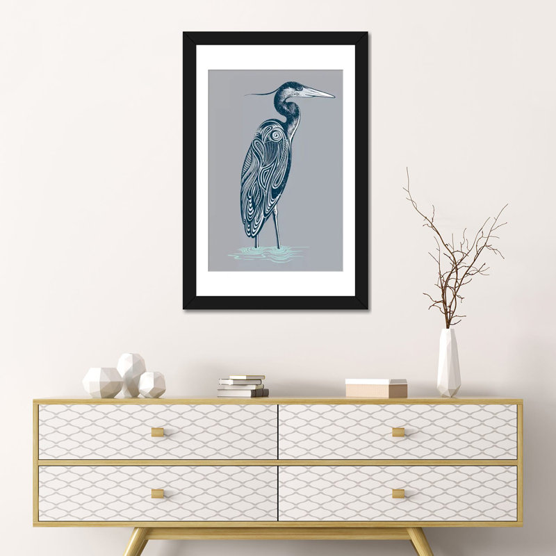 «Blue Heron», impression sur toile tendue, Papier d'art encadré noir, H 32 po x l 24 po x P 1 po, Blanc