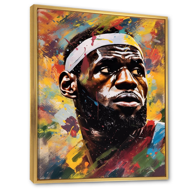 Le Bron Multicolor - art mural sur toile Sports, Cadre flottant doré, H 20 po x l 12 po x P 1 po