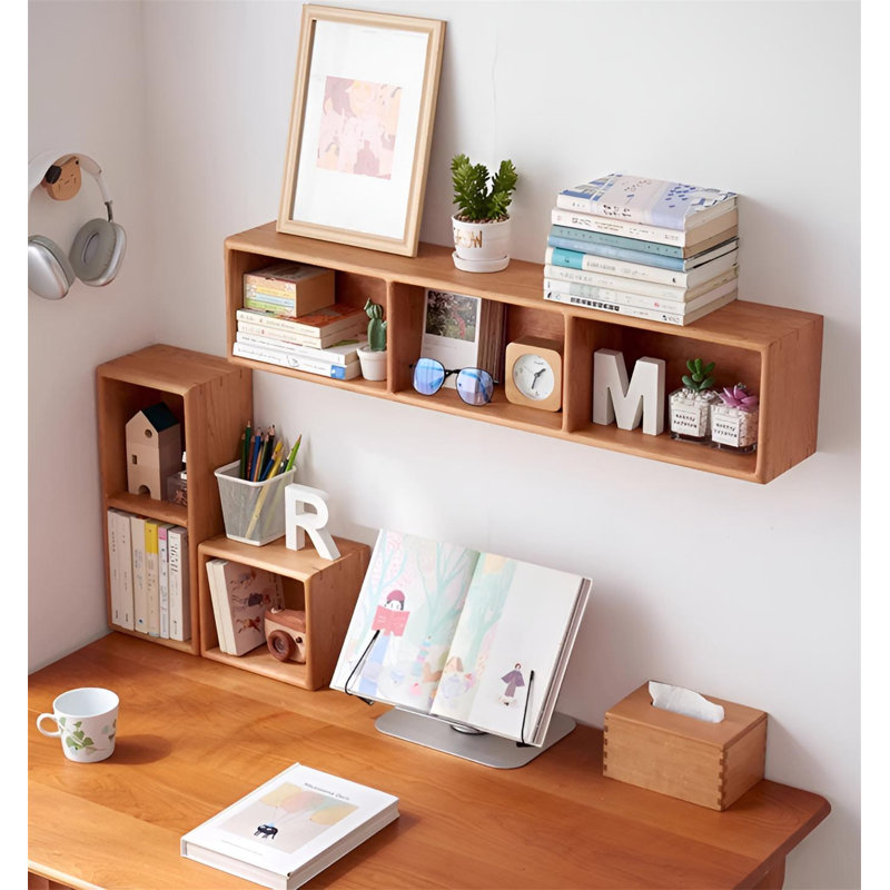 Solid Oak Wall Shelf With Multi-Cubby Design