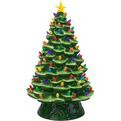 Nostalgic Ceramic Christmas Tree With LED Lights Indoor Decoration, 12 Inches, Green