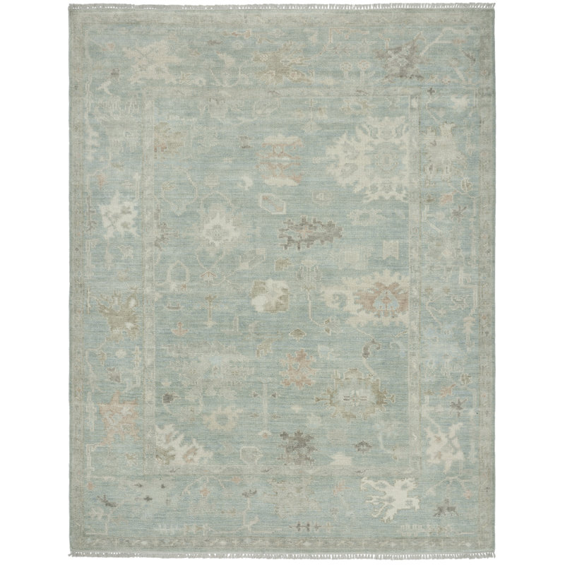Rectangle Oriental Hand-Knotted Wool Area Rug in Blue/White, Rectangle 6' x 9'