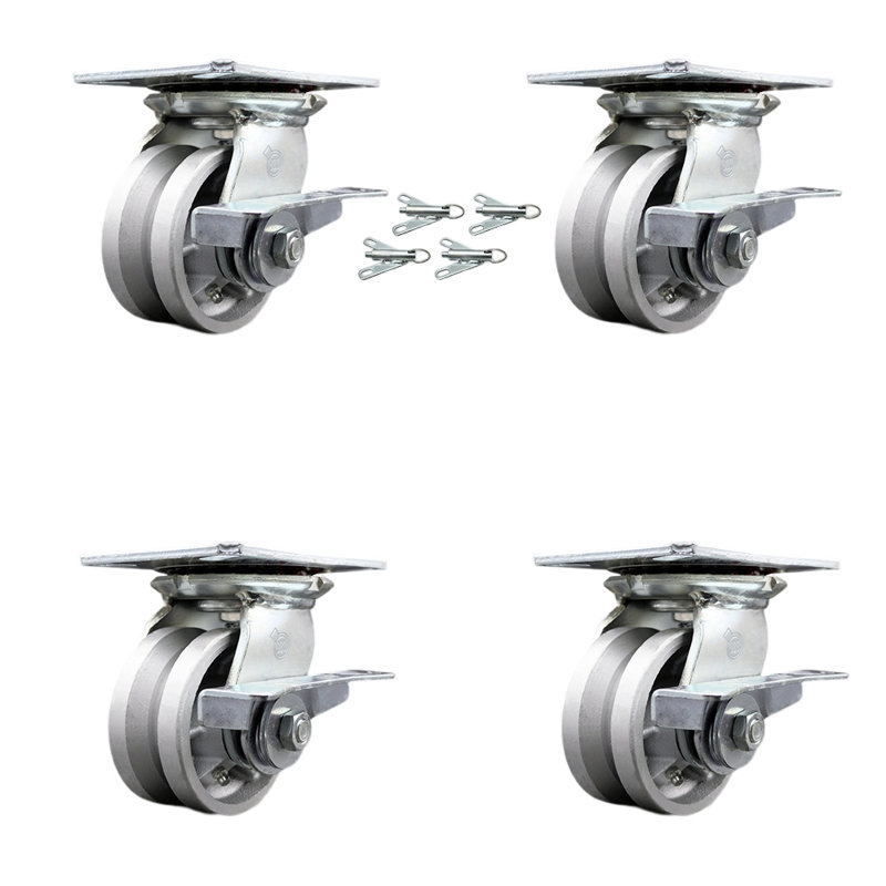 4 Inch V Groove Semi Steel Caster Set with Ball Bearings and Brakes/Swivel Locks