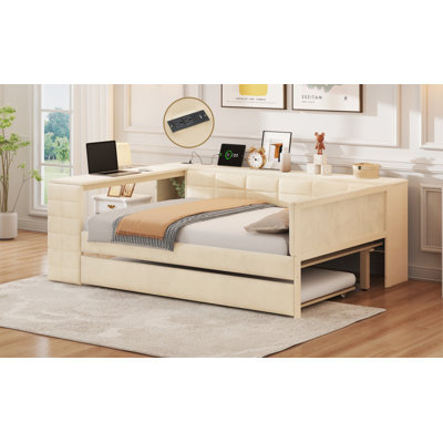 Calnora Glam Velvet Upholstered Daybed with Storage Shelves and Charging Station by NFusion