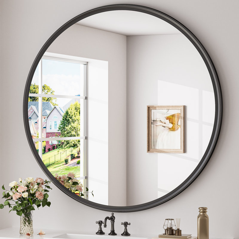 Evangelista Aluminum Alloy Framed Tempered Glass Round Wall Mirror, Matte Black, 16" x 16"