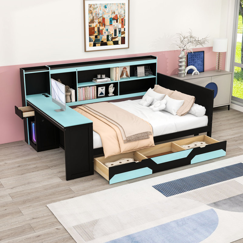 Lit de jour avec espace de travail intégré, alimentation intégrée et éclairage personnalisable, Lit double, Noir / Bleu