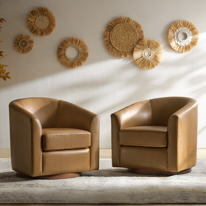 Amiir Modern 30.5'' Wide Genuine Leather Swivel Barrel Chair with Solid Wood Base (Set of 2), Camel 