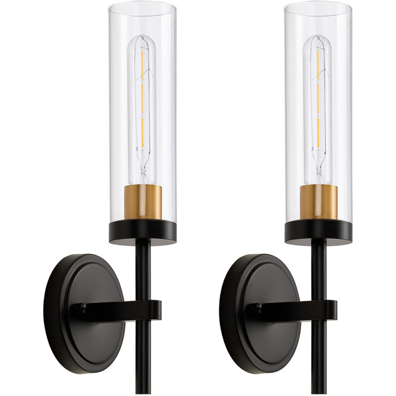 Hardwired Gold Wall Sconces Set Of 2, Modern Bathroom Vanity Light Fixtures With Clear Glass Shade, Brushed Brass Wall Lights For Mirror Living Room Bedroom Hallway Stairwell