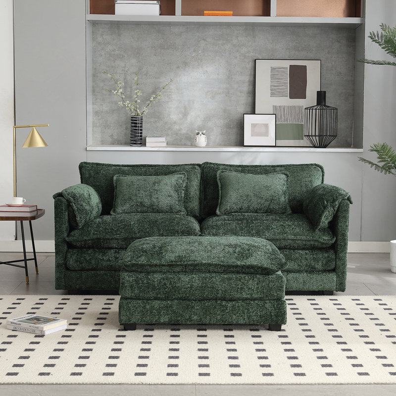 Canapé double surdimensionné luxueux avec tissu chenille et accoudoirs amovibles, Émeraude