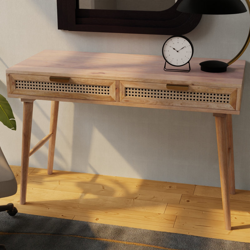 Natural Acacia Wood Desk with Cane Drawers and Built-in Power Outlet
