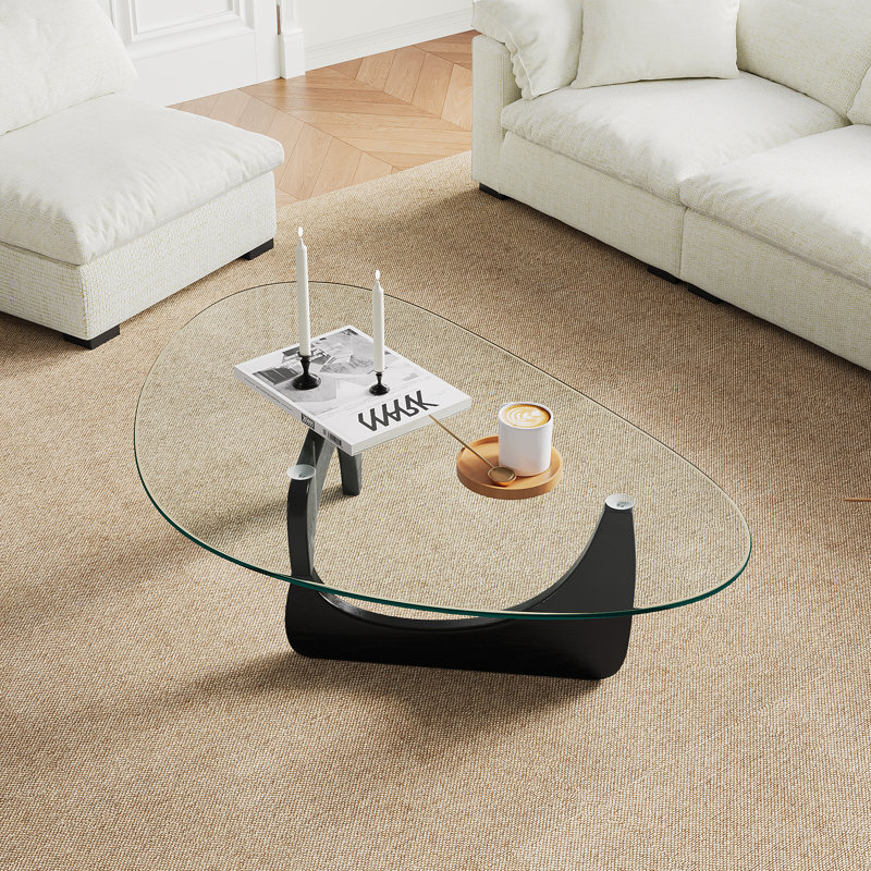 Table basse triangulaire moderne en verre avec piétement en bois massif, 15.7 "H x 32.3 "L x 22.4 "W, Transparent/noir