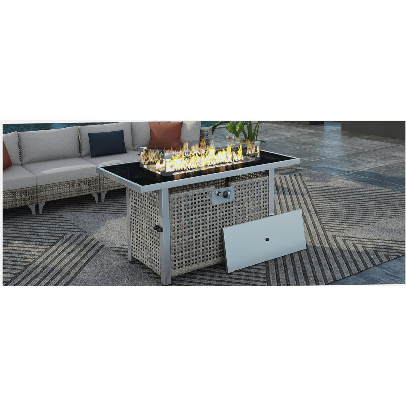 43" Propane Gas Fire Pit Table, 60,000 BTU Rectangular Open Weave Wicker Fire Pit with Glass Windscreen, Suitable for Outdoor Patio, Balcony, Garden, and Backyard