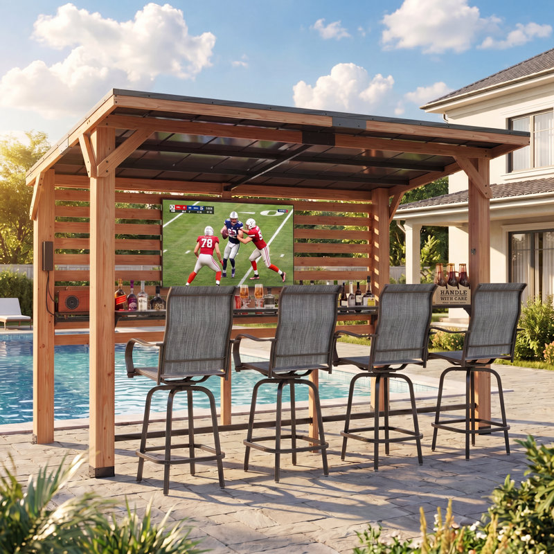 Pavillon de jardin d'extérieur en cèdre massif 10 pi x 8 pi avec support télé intégré et 4 tabourets de bar pivotants