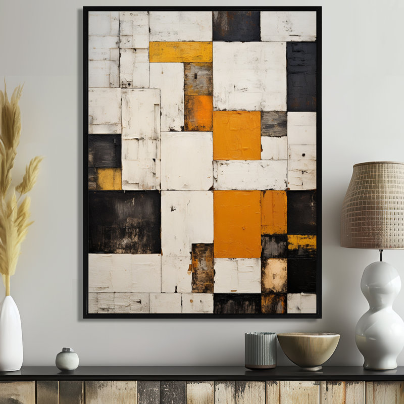 Cubist Retro Patchwork - Abstract Wall Art Print, 20" H x 12" W x 1" D, Black Floater Framed Canvas