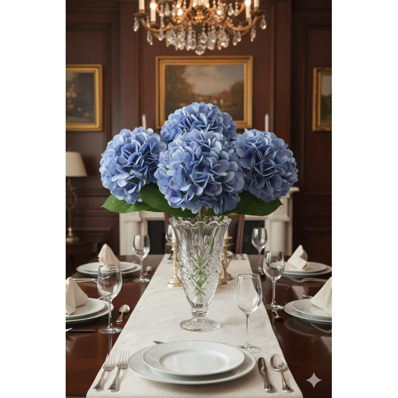 18 inch Blue Hydrangea Stem - 7 inch Diameter Blooms, Faux Floral for Vase Arrangements and Home Decor
