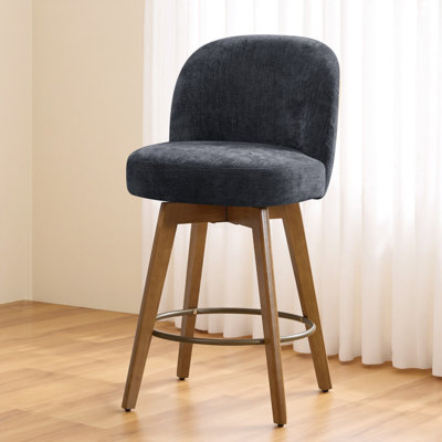 26" Mid-Century Modern Counter Height Bar Stools, 360° Swivel Fabric Upholstered Barstools with Solid Wood Legs, Island Chairs with Backrest