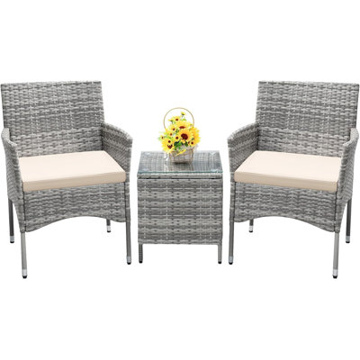 Ensemble bistro 3 pièces pour patio, ensemble de mobilier d'extérieur en osier de rotin PE avec 2 chaises et table basse avec plateau en verre, ensemble de conversation pour petit porche avec coussins pour balcon, cour, jardin