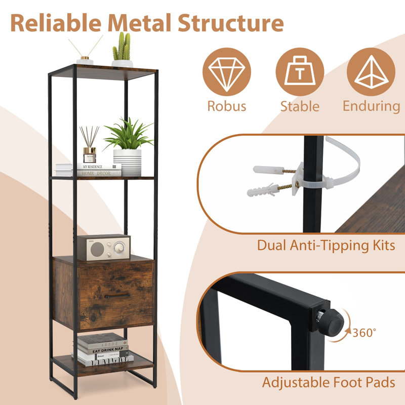 160cm H x 45cm W Metal Bookcase, Brown