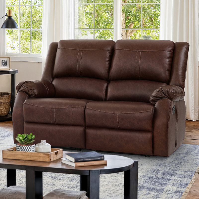 Jackson 59.4" Wide Modern And Upholstered Leather Manual Reclining Loveseat Sofa, 2-Seater Recliner Couch, Brown