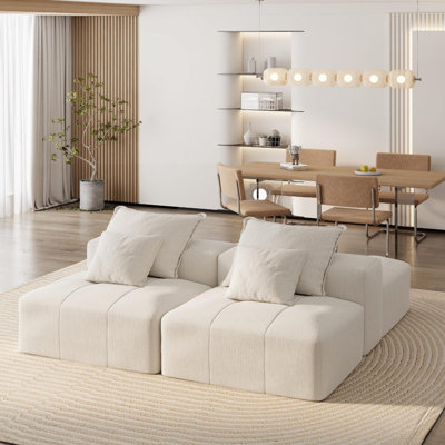 Canapé modulaire capitonné en chenille avec 2 repose-pieds et coussins Lora