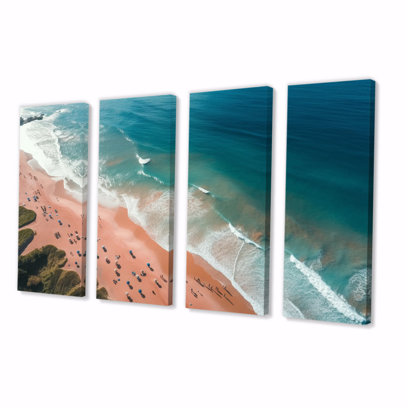 Vue aérienne de la plage bleue et rose VI - ensemble d'art mural 4 pièces plage et océan, H 28 po x l 48 po