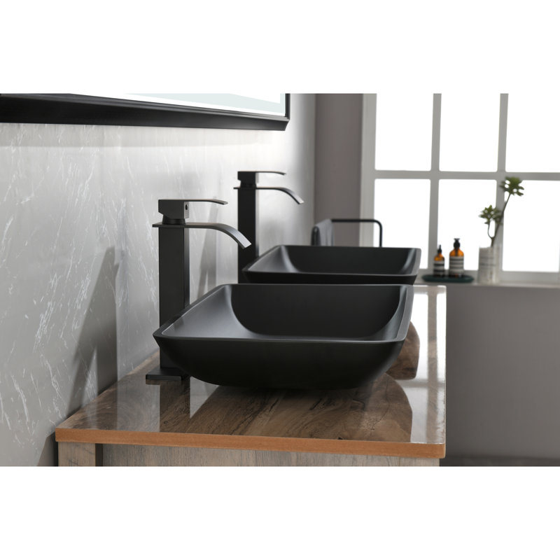 Lavabo de salle de bain rectangulaire noir mat - L 14,38 po x l 22,25 po H 4-3 / 8 po, verre tendance et robinet H 4,05 po