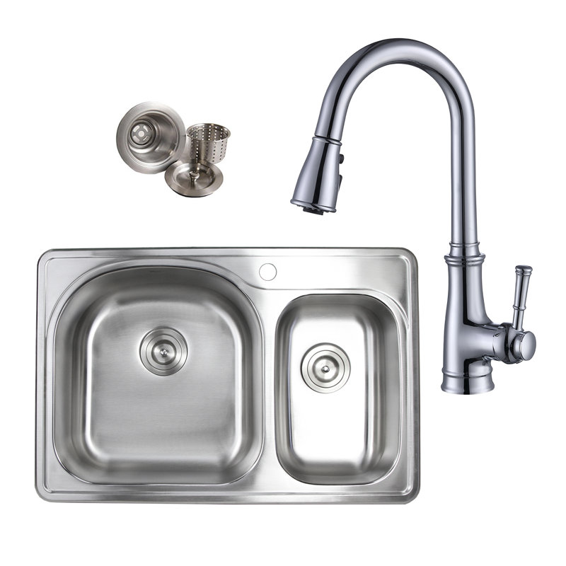 33'' L Drop-In Double Bowl Stainless Steel Kitchen Sink, 1 Hole