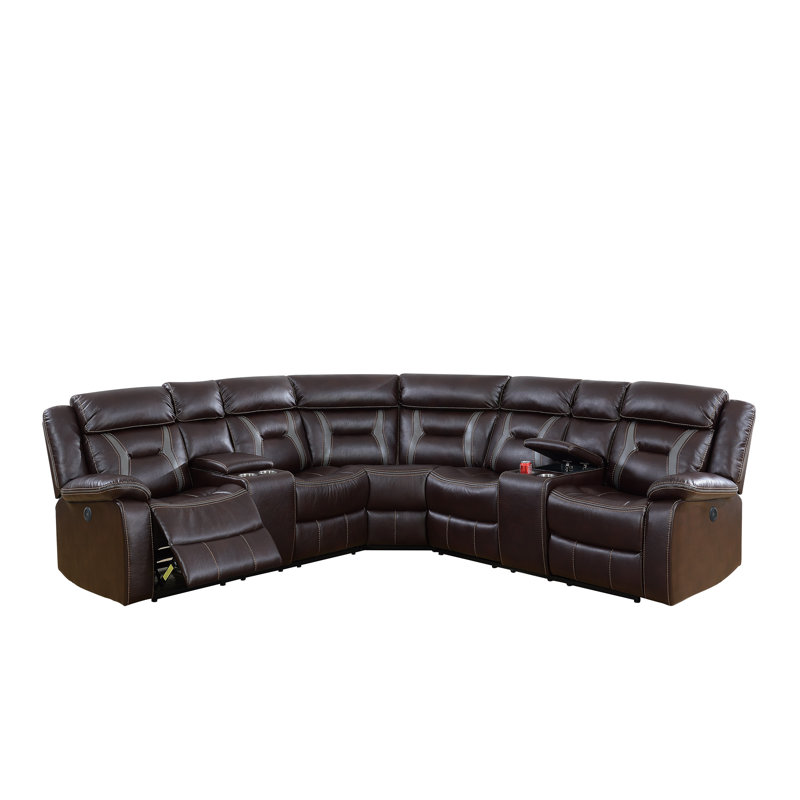 Mancheer Faux Leather Reclining L-Shaped Sectional Symmetrical, Dark Brown Faux Leather