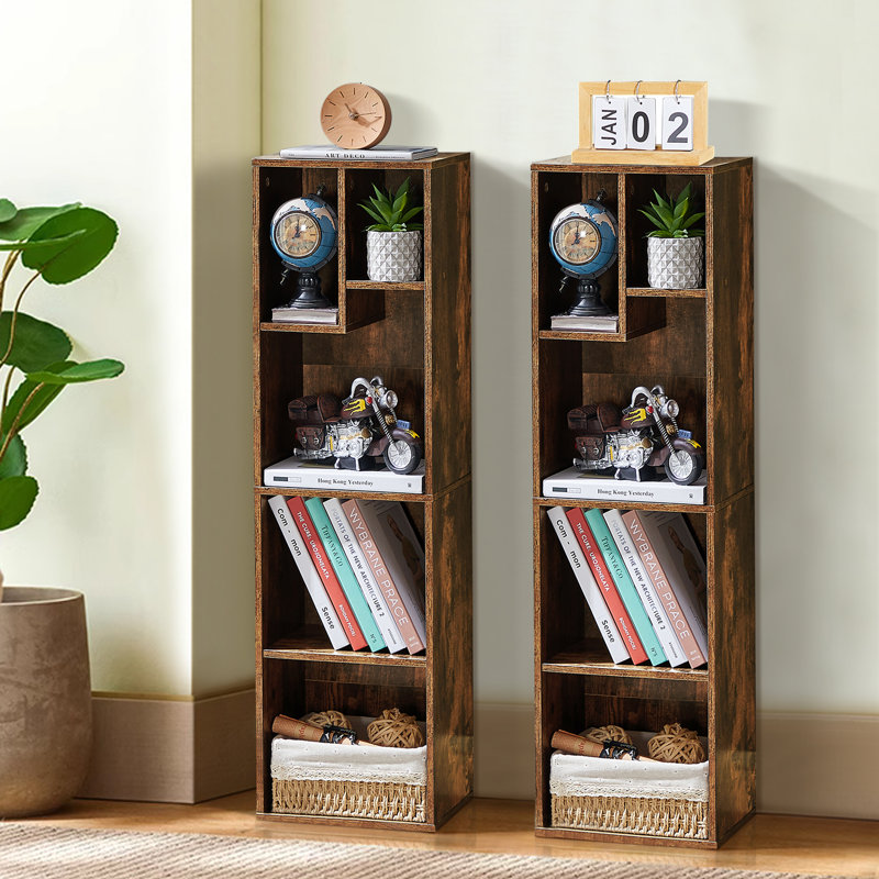 5-Cube Narrow Brown Bookcase, Small Storage Cabinet with Open Shelves (Set of 2), Brown