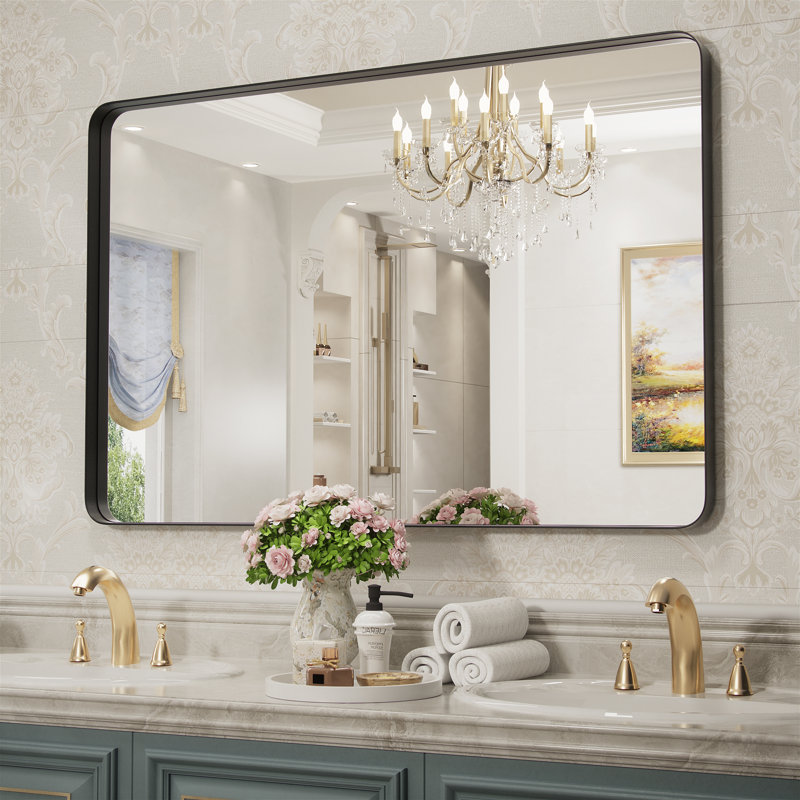 Morelock Metal Rectanle Bathroom Mirror Wall Mirrors, Black, 48" x 30"