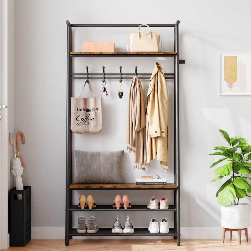 Coat Rack, Hall Tree with Bench and Shoe Storage, Entryway Bench with Coat Rack, 5 Hooks and 3 Tier Shoe Storage, Metal Frame for Entryway, Hallway, Front Door, Rustic Brown