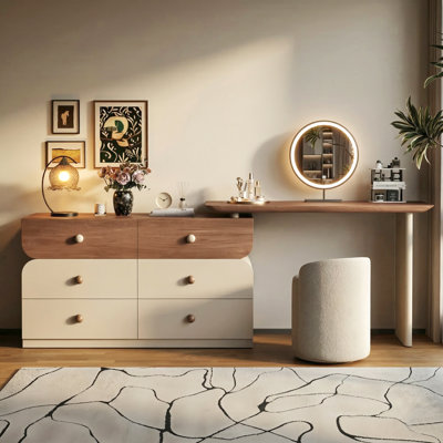 Meuble-lavabo extensible avec 6 tiroirs, coiffeuse réglable de 47,24 à 90 po, grand bureau de meuble-lavabo pour chambre à coucher, table de maquillage extensible brun et crème moderne