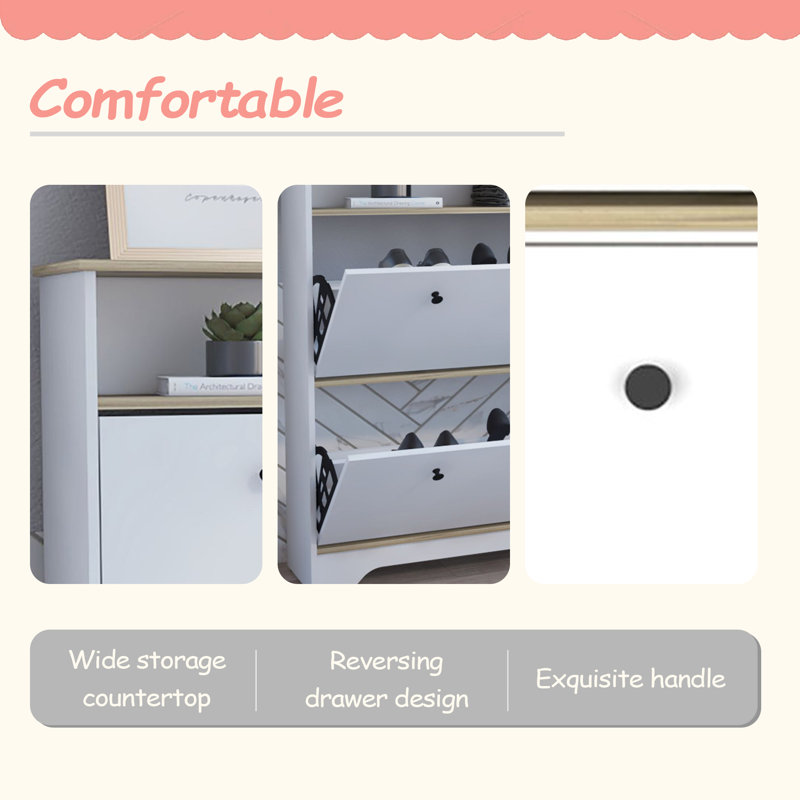 Shoe Rack 46" H, One Open Storage Shelf, Two Internal Storage Drawers, Two Doors