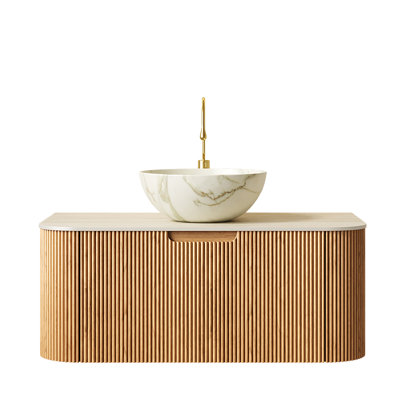 Meuble-lavabo 36 po avec lavabo et lavabo 36 po, meuble-lavabo rayé à bords arrondis avec tiroir, cuve en céramique blanc mat et plateau en pierre frittée à motif trevertin, pré-assemblé, grain de bois naturel