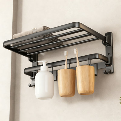 Foldable Wall Mounted Towel Rack With Shelf And Hooks, Space Saving Bathroom Storage Organizer With 2 Towel Bars And 7 Hooks For Towels And Bathroom E