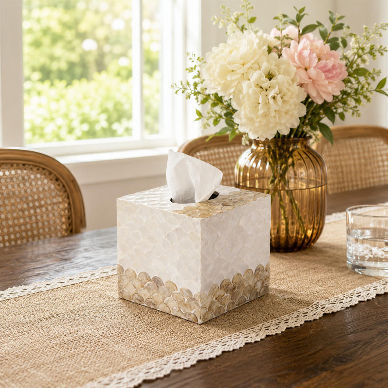 Boîte à mouchoirs en forme de coquillage, porte-mouchoirs décoratifs, boîte à mouchoirs carrée à carreaux faite main, avec fond coulissant, style bohème côtier, idéale pour Kleenex, salle de bain, table basse, blanc et or