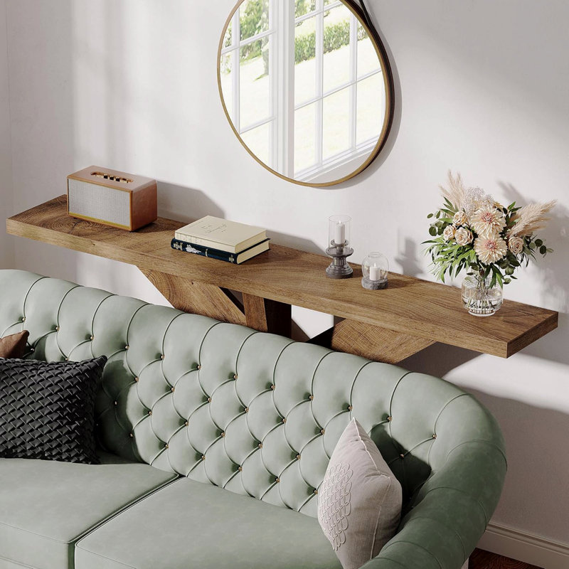 Console de style maison de campagne de 70,9 po de long, canapé derrière le canapé avec base géométrique en bois, table d'appoint pour hall d'entrée