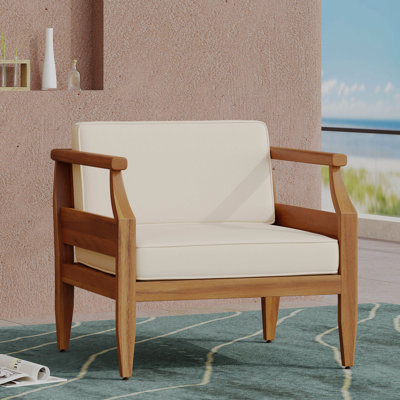 Fauteuil club moderne, en bois, résistant aux intempéries, siège à lattes ouvertes, H 27,05 po x l 29,87 po et crème, pour le plaisir du jardin