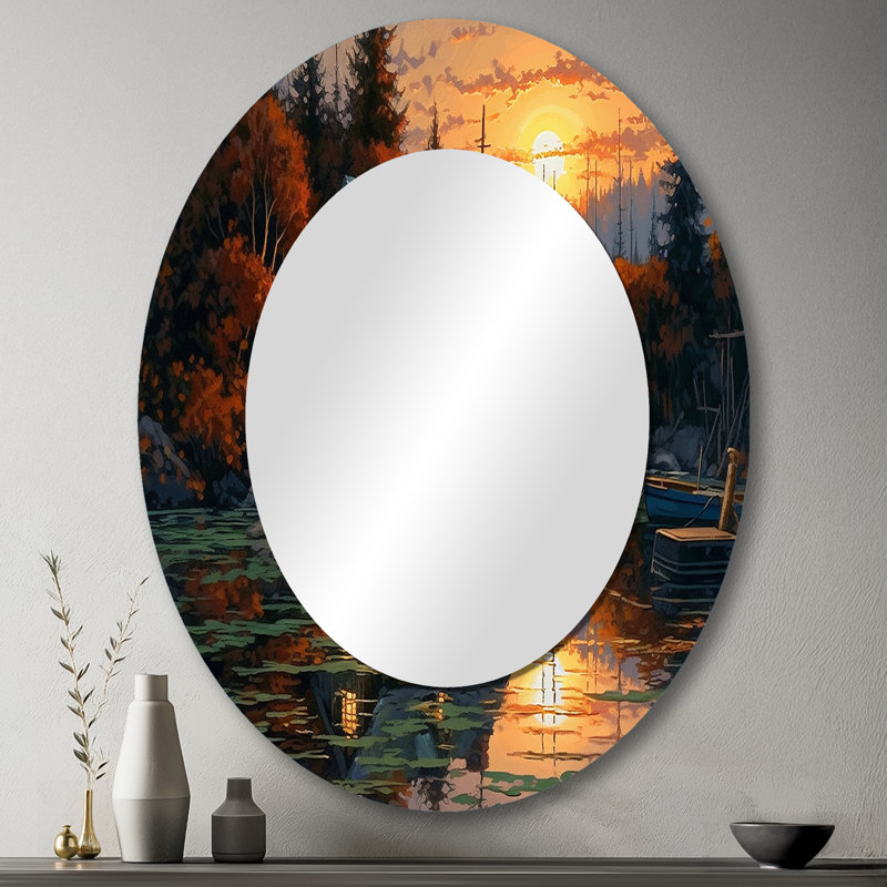 Autumn Sunset Cottage I - Landscapes Oval Decorative Mirror On Metal, 43" x 33"