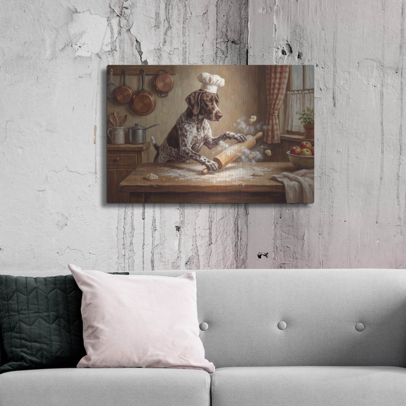  «German Shorthaired Pointer In The Kitchen» par Rich Monet, art mural en métal, 36 po x 24 po, H 24 po x l 36 po