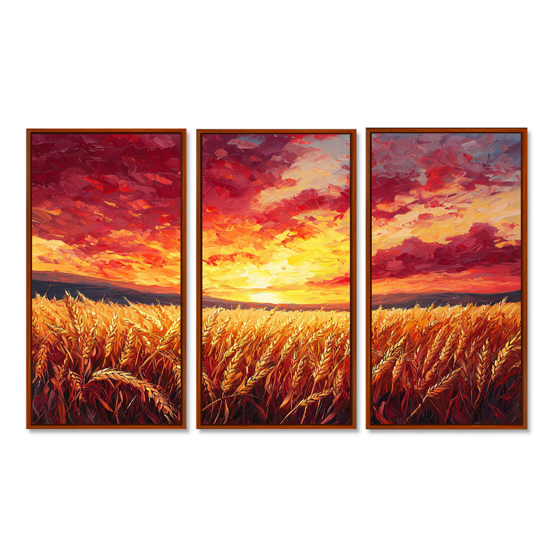 Coucher de soleil sur le champ de blé II - campagne, art mural, ensemble de 3, H 32 po x l 48 po, Brun