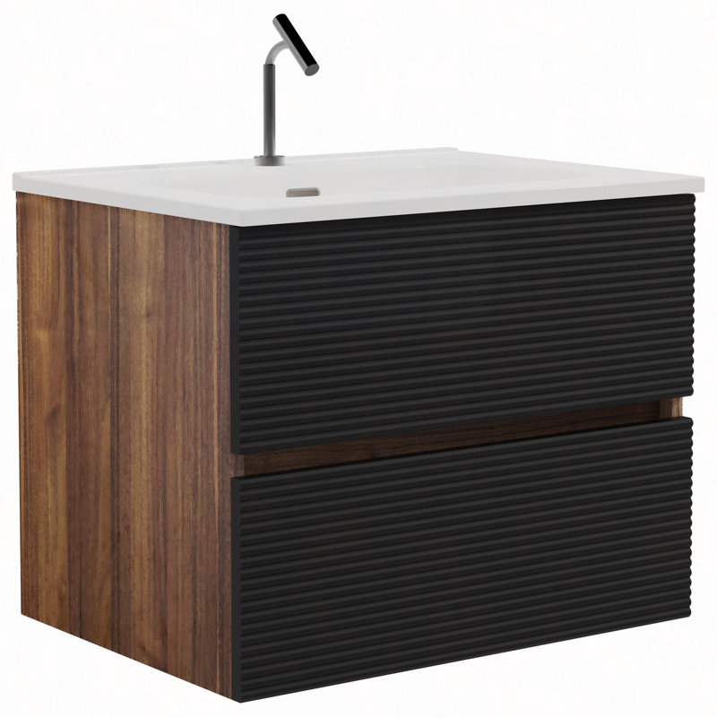 Meuble-lavabo mural noir doux 24 po avec lavabo intégré en céramique avec trop-plein, grand meuble-lavabo flottant de rangement pour salle de bain, pré-assemblé