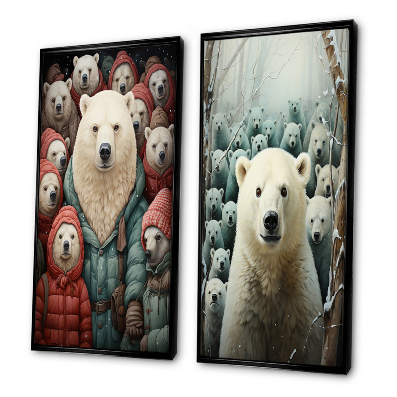 Parade arctique des ours polaires I - ensemble de 2 impressions sur toile d'ours, Cadre noir, H 28 po x l 25 po