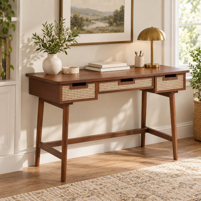 Bureau en rotin avec 3 tiroirs et design anti-basculement