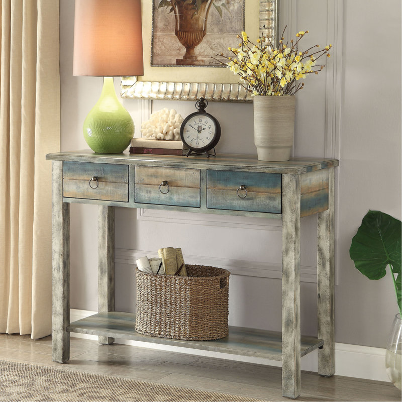 Console en bois gris antique et bleu sarcelle avec présentoir de rangement supplémentaire