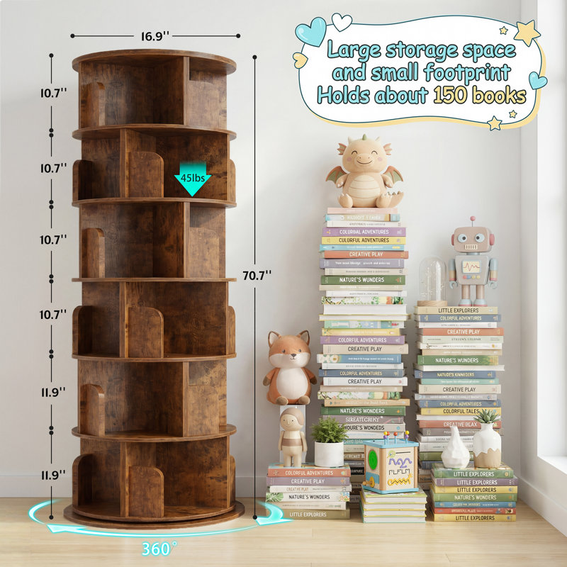 6 Tier Rotating Bookshelf, 360° Rotating Bookcase For Small Space, Corner Bookcase For Bedroom, Living Room, Study Room