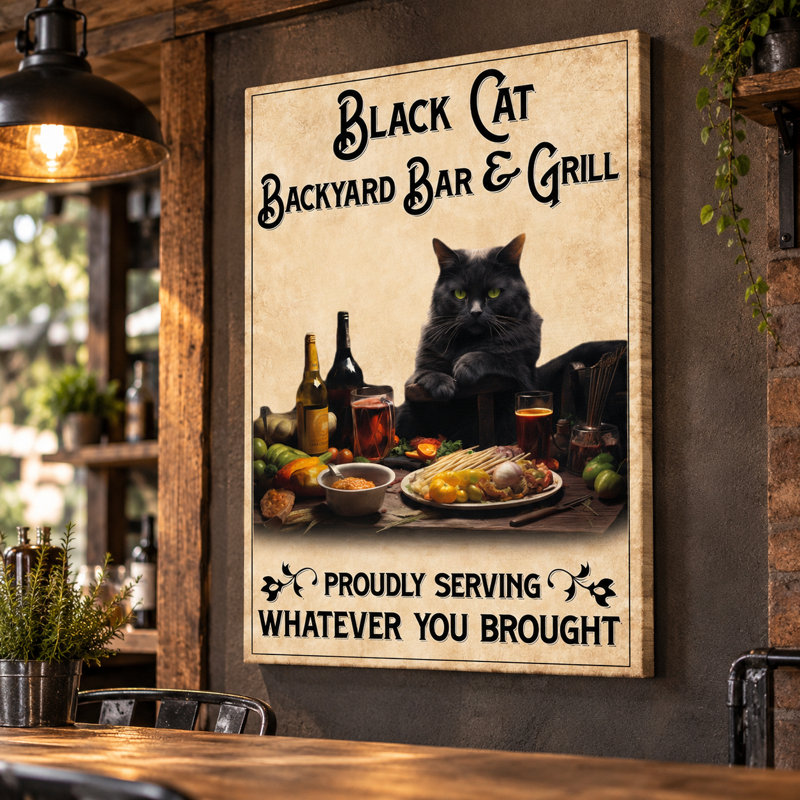 Art mural en toile noire «Black Cat Bar and Grill», L 40 po x H 60 po