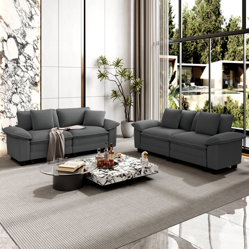 5 - Piece Living Room Set, Light Grey Corduroy