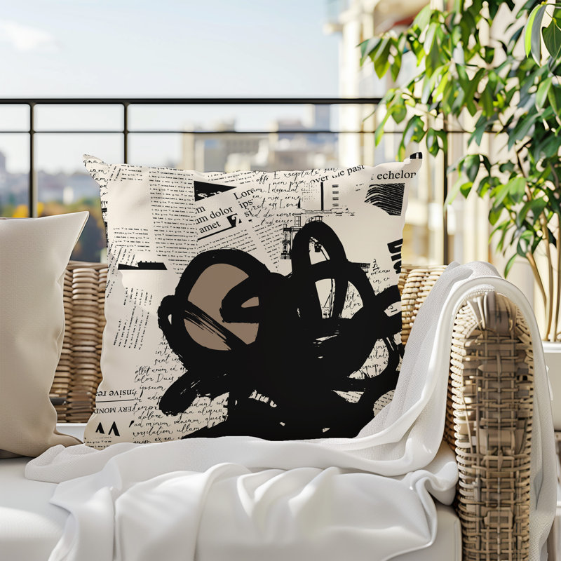 Coussin Cena, Beige / noir / blanc cassé abstrait, H 17 po x l 17 po