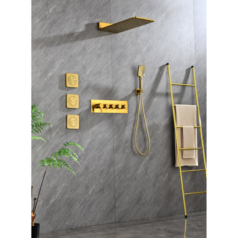 Douche dorée avec 3 jets pour le corps et à main, fixation murale, échantillon naturel, simulant la pluie