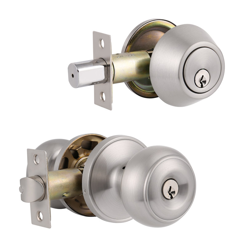 Handle With Knob And Deadbolt Reversible Entry Set, Satin Nickel